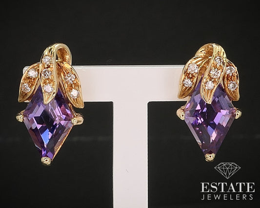 Vintage 14k Yellow Gold Natural Amethyst & Diamond Earrings 3.7g i17429