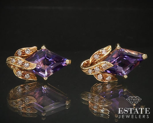 Vintage 14k Yellow Gold Natural Amethyst & Diamond Earrings 3.7g i17429