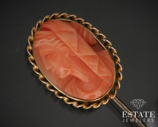 Antique Victorian 14k Yellow Gold Natural Coral Cameo Stick Pin 4.3g i17425
