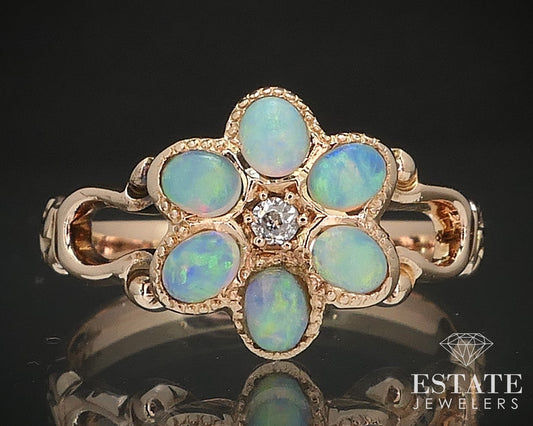 Antique Victorian 14k Rose Gold Natural Opal & Diamond Flower Ring 1.9g i17415
