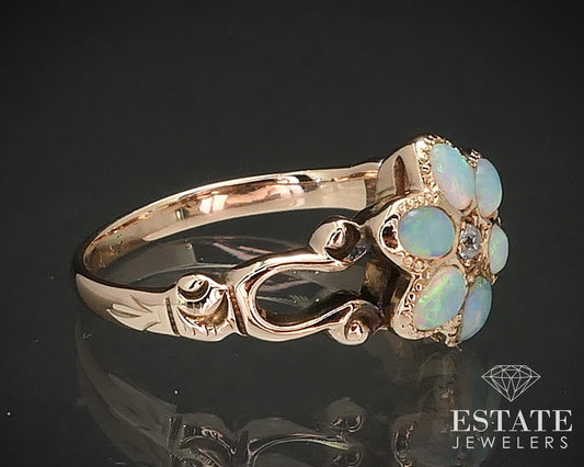 Antique Victorian 14k Rose Gold Natural Opal & Diamond Flower Ring 1.9g i17415