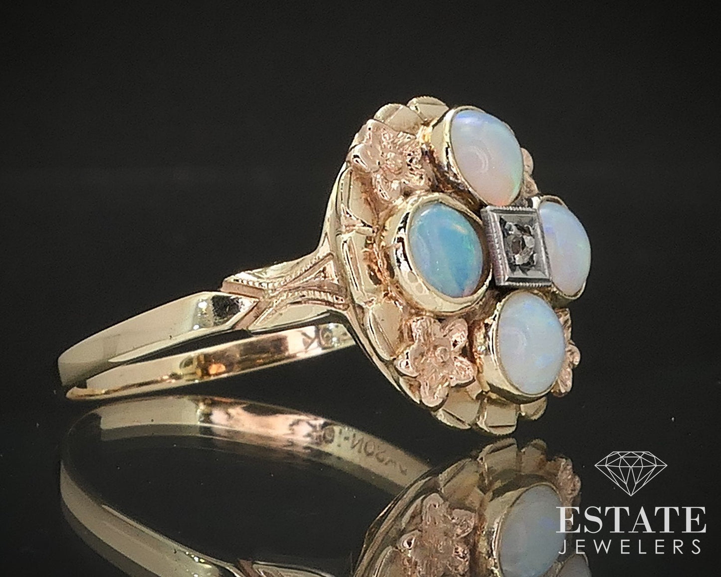 Antique Victorian 10k Yellow Gold Natural Opal & Diamond Shield Ring 3.5g i17412
