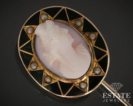 Antique Nouveau 10k Yellow Gold Cameo Seed Pearl Enameled Stick Pin 2.7g i17419