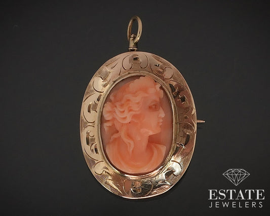 Antique Victorian 10k Rose Gold Natural Coral Cameo Pin Pendant 4g i17420
