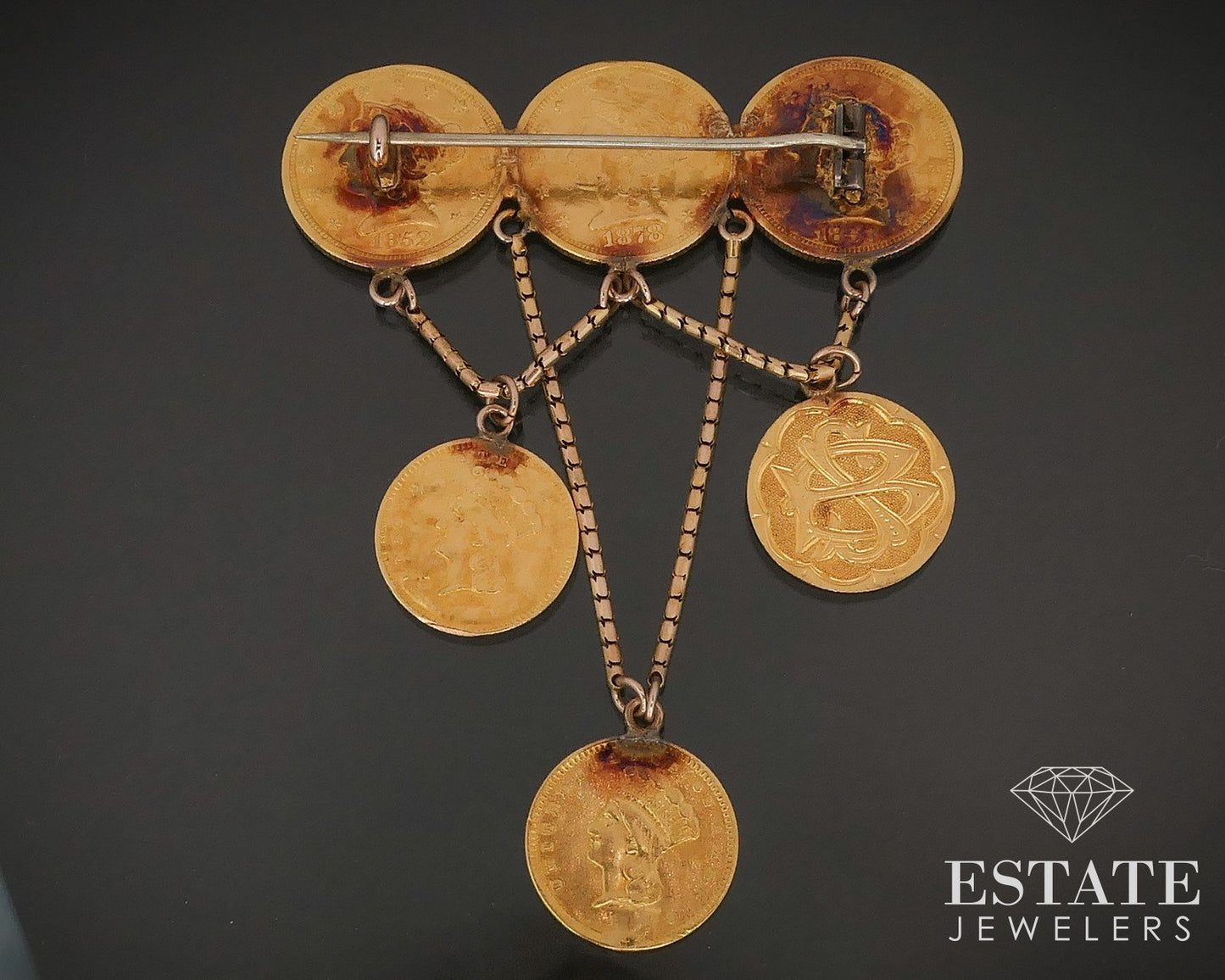 Antique Yellow Gold Love Token 1800s Liberty Coin Brooch 15.9g p73450