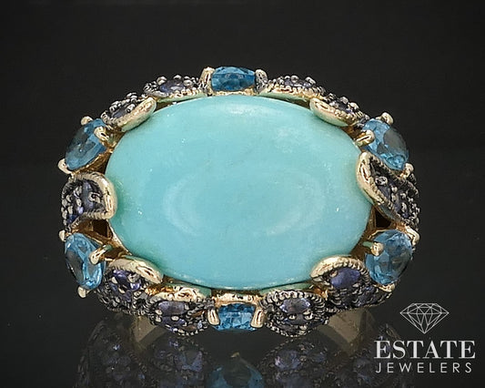 14k Honey Gold LeVian Natural Turquoise Blue Topaz Tanzanite Ring 13.3g i17437