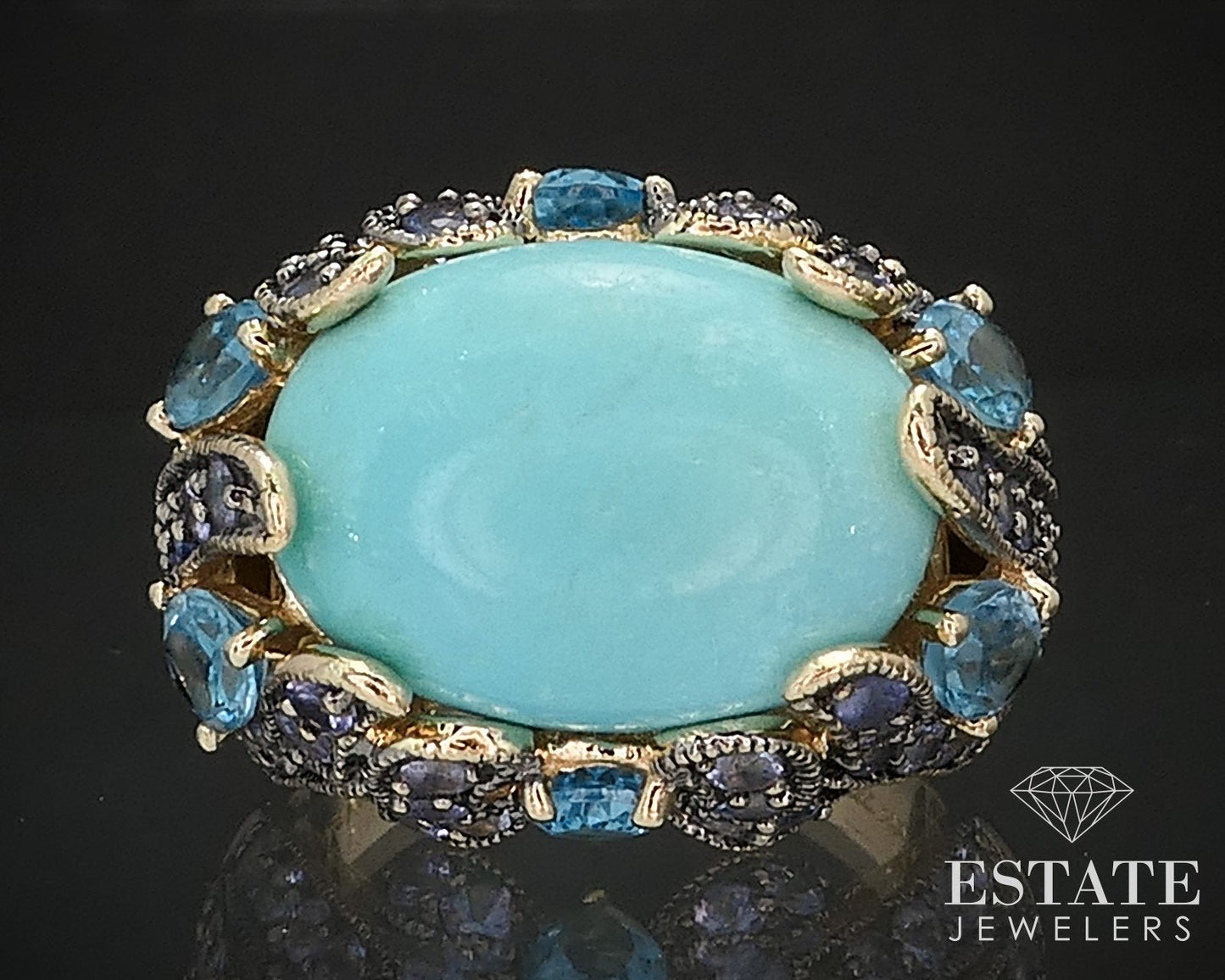 14k Honey Gold LeVian Natural Turquoise Blue Topaz Tanzanite Ring 13.3g i17437