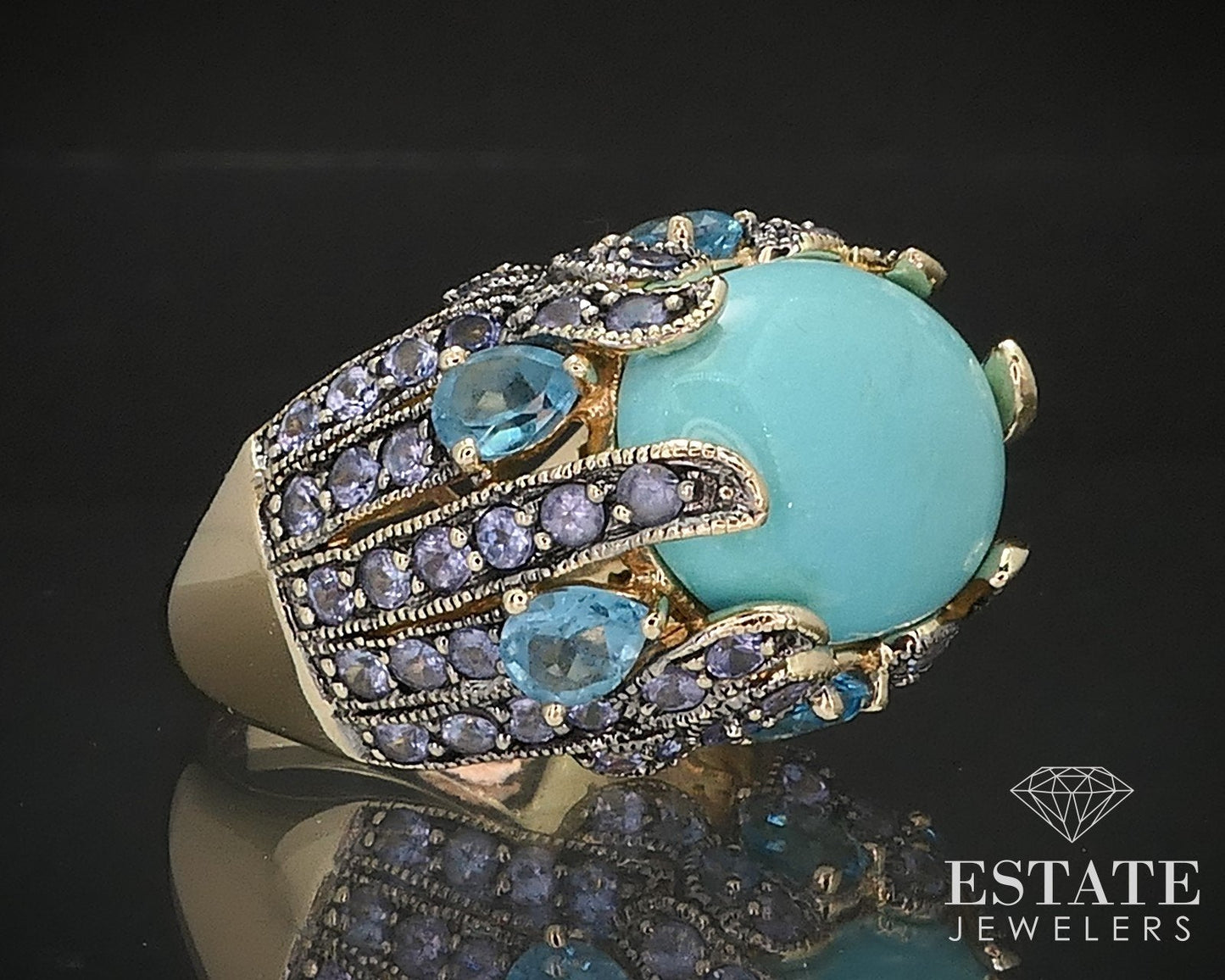 14k Honey Gold LeVian Natural Turquoise Blue Topaz Tanzanite Ring 13.3g i17437