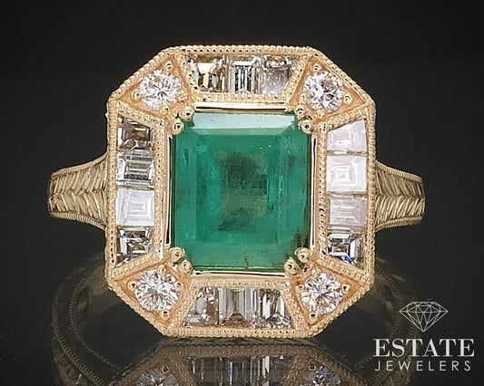 14k Yellow Gold Natural 1.51ct Emerald & Diamond Halo Ring 4.6g p73522