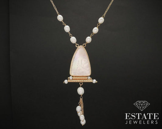 14k Yellow Gold Mother of Pearl & Freshwater Pearl Necklace 5.9g 18"L i17444