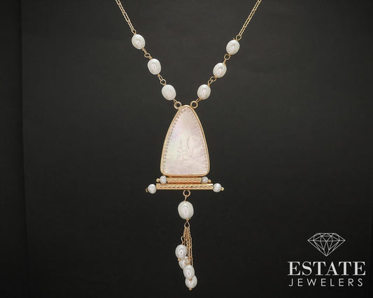 14k Yellow Gold Mother of Pearl & Freshwater Pearl Necklace 5.9g 18"L i17444