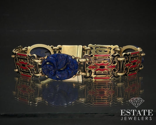 Antique Deco 14k Yellow Gold Carter Gough Co. Carved Lapis Bracelet 28.3g p65947