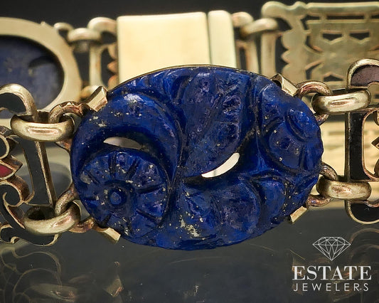 Antique Deco 14k Yellow Gold Carter Gough Co. Carved Lapis Bracelet 28.3g i16112