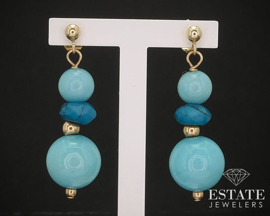 14k Yellow Gold Natural Turquoise Beaded Dangle Drop Earrings 4.4g i17459b