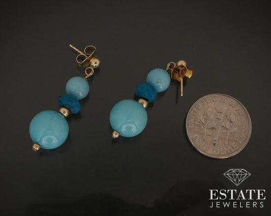 14k Yellow Gold Natural Turquoise Beaded Dangle Drop Earrings 4.4g i17459b