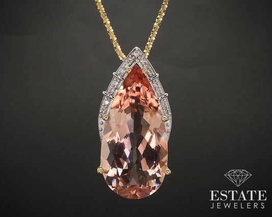 18k Yellow Gold Natural 13ct Morganite & Diamond Necklace 10.3g 20.5"L i17476