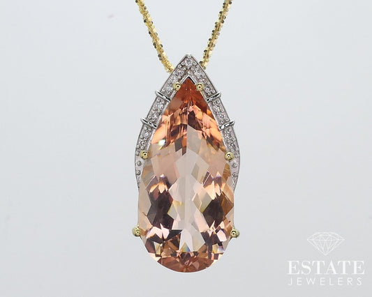 18k Yellow Gold Natural 13ct Morganite & Diamond Necklace 10.3g 20.5"L i17476