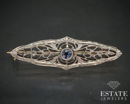 Antique Victorian 14K Yellow Gold Sapphire Filigree Bar Pin Brooch 1.3g i17489