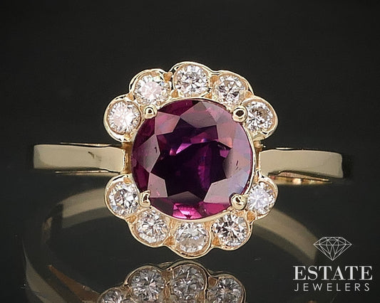 14k Yellow Gold Round Natural Ruby & Diamond Halo Ladies Ring 5g i17490