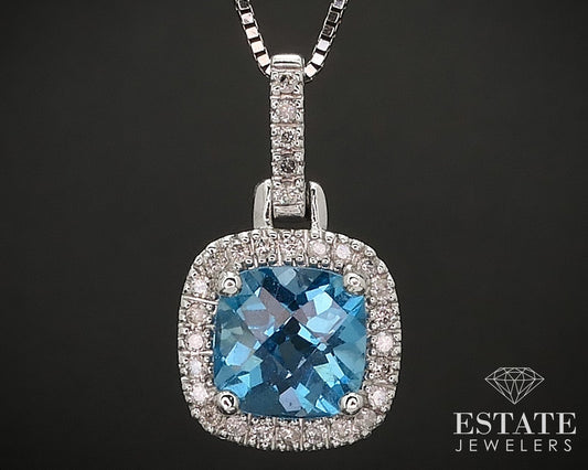 14k White Gold Natural Blue Topaz & Diamond Halo Ladies Necklace 3.4g i17483