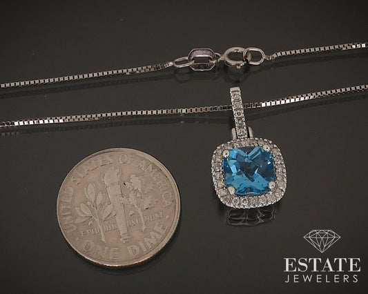 14k White Gold Natural Blue Topaz & Diamond Halo Ladies Necklace 3.4g i17483