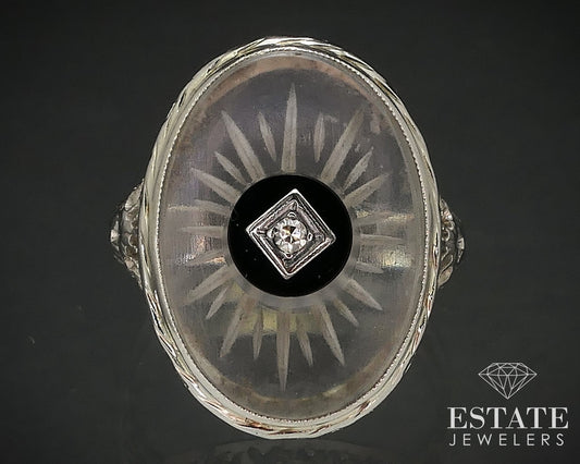 Antique Deco 14k Gold Rock Crystal Quartz Onyx Diamond Filigree Ring 3.3g i17499