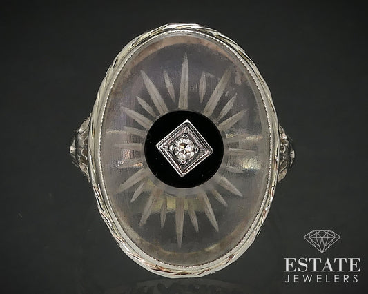 Antique Deco 14k Gold Rock Crystal Quartz Onyx Diamond Filigree Ring 3.3g i17499