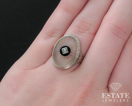 Antique Deco 14k Gold Rock Crystal Quartz Onyx Diamond Filigree Ring 3.3g i17499