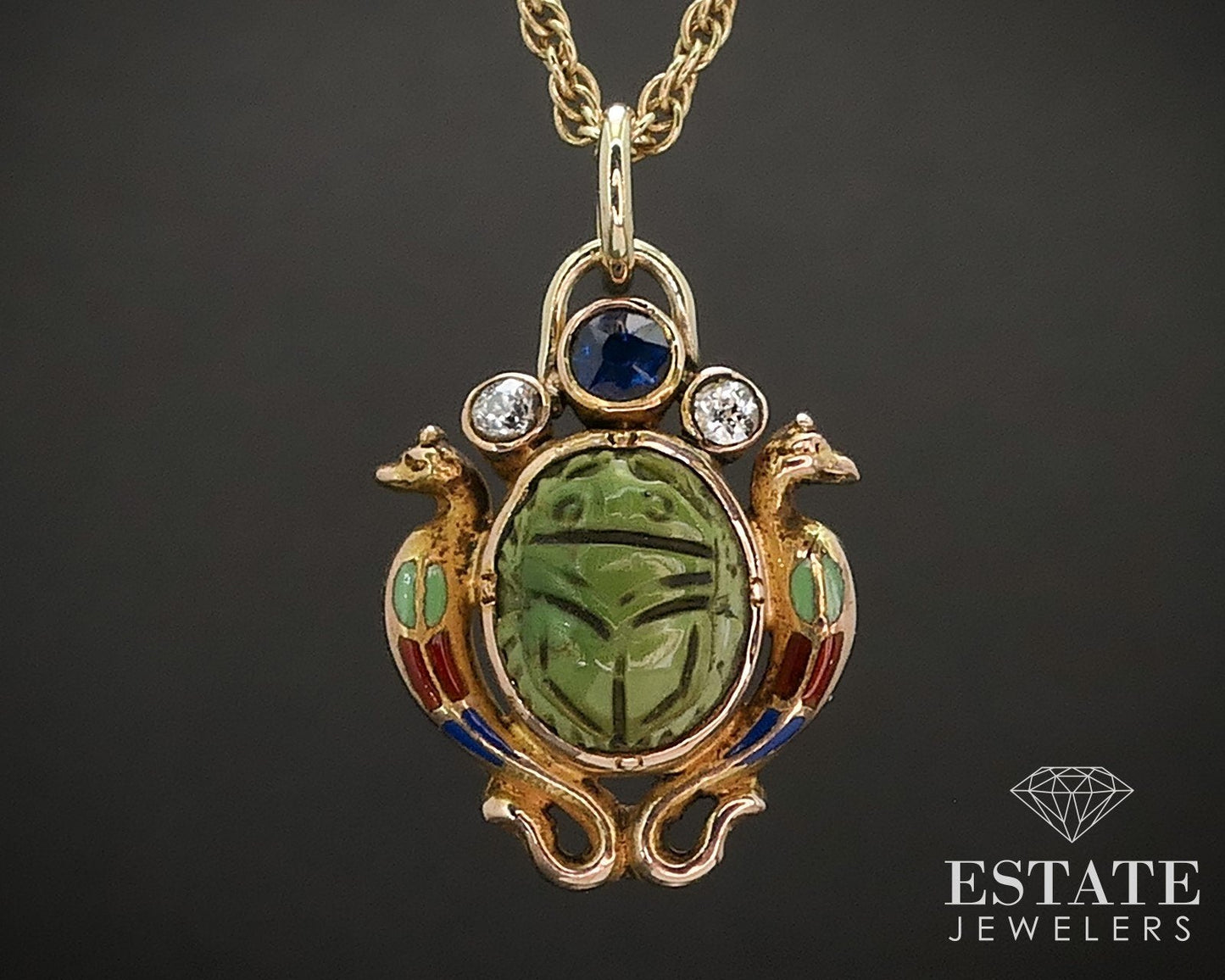 Antique 14k Yellow Gold Green Scarab Seahorse Diamond Necklace 3.7g i17502