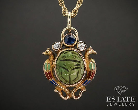 Antique 14k Yellow Gold Green Scarab Seahorse Diamond Necklace 3.7g i17502