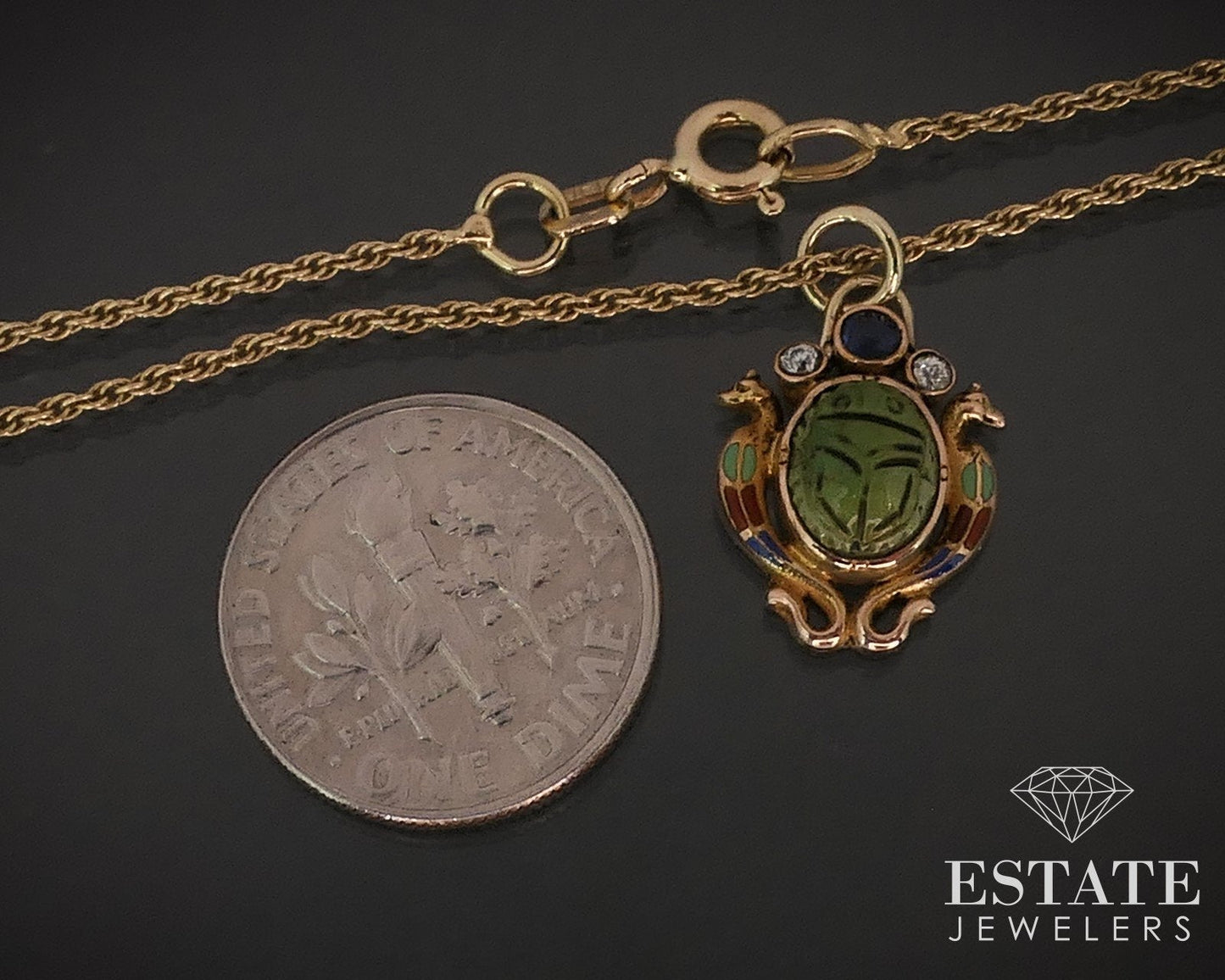 Antique 14k Yellow Gold Green Scarab Seahorse Diamond Necklace 3.7g i17502