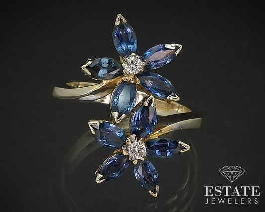 Antique 14k Yellow Gold Natural Blue Sapphire & Diamond Flower Ring 4.9g i17521b