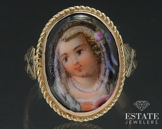 Antique Victorian 14k Yellow Gold Painted Portrait Ladies Ring 3.4g i17548