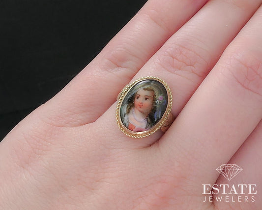 Antique Victorian 14k Yellow Gold Painted Portrait Ladies Ring 3.4g i17548