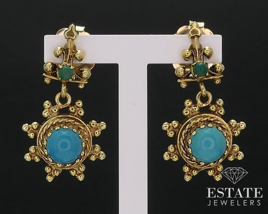 Antique 14k Yellow Gold Natural Turquoise Dangle Earrings 5.8g i17554