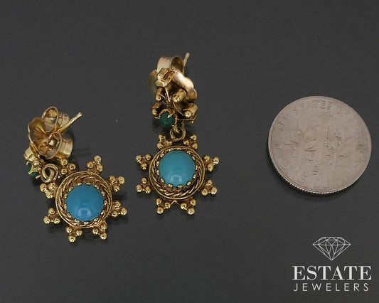 Antique 14k Yellow Gold Natural Turquoise Dangle Earrings 5.8g i17554