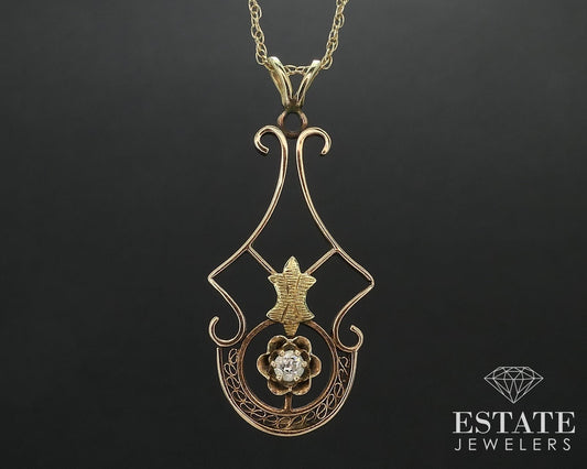 Antique 14k Yellow & Green Gold Natural Diamond Filigree Necklace 1.8g i17543