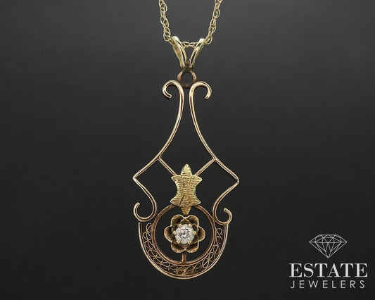 Antique 14k Yellow & Green Gold Natural Diamond Filigree Necklace 1.8g i17543