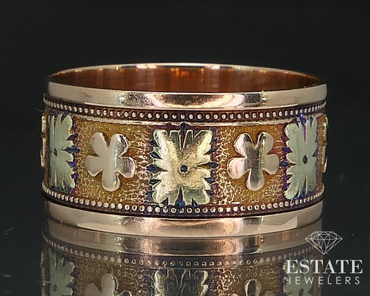 Antique Victorian 14k Yellow & Rose Gold 9mm Floral Cigar Band Ring 3.7g i17555