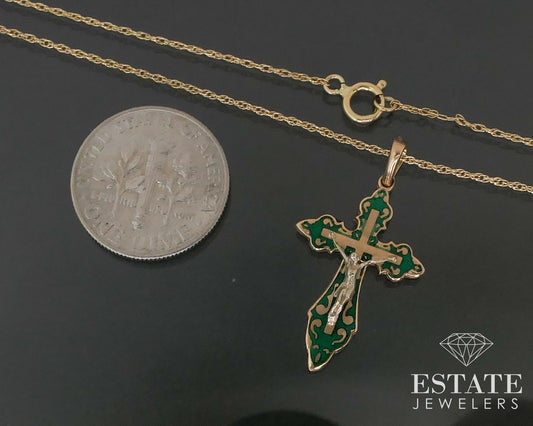 Antique 14k Yellow Gold Enameled Crucifix Charm Ladies Necklace 2.3g i17559