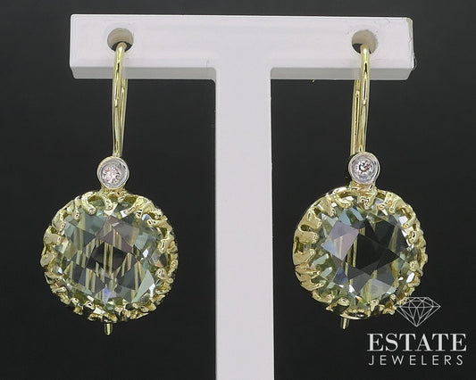 14k Yellow Gold Natural Prasiolite & Diamond I. Reiss Earrings 3.6g i17540