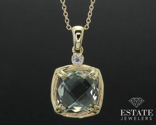 14k Yellow Gold Natural Prasiolite & Diamond I. Reiss Necklace 3.6g 16"L i17542