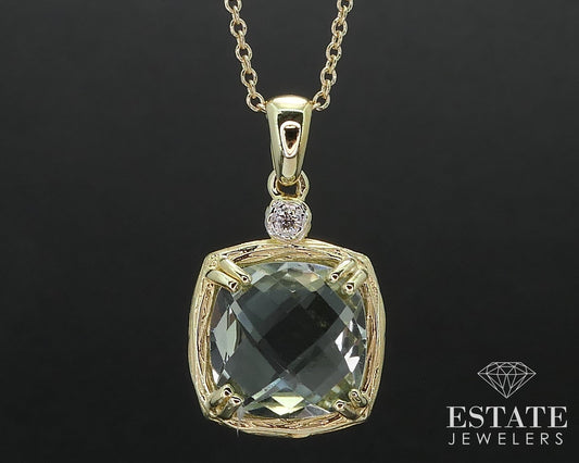 14k Yellow Gold Natural Prasiolite & Diamond I. Reiss Necklace 3.6g 16"L i17542