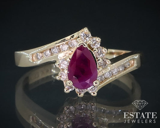 14k Yellow Gold Pear Natural Ruby & Diamond Ladies Ring 3g i17564b