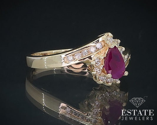 14k Yellow Gold Pear Natural Ruby & Diamond Ladies Ring 3g i17564b