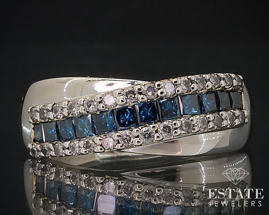 14k White Gold Natural .56ctw Blue & White Diamond Ladies Band Ring 4.1g i17604b