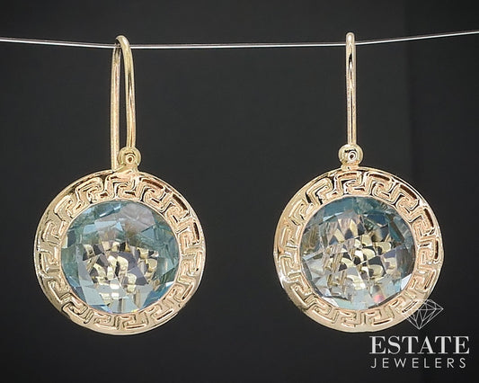 14k Yellow Gold Natural Blue Topaz Greek Key Dangle Earrings 5.5g i17587b