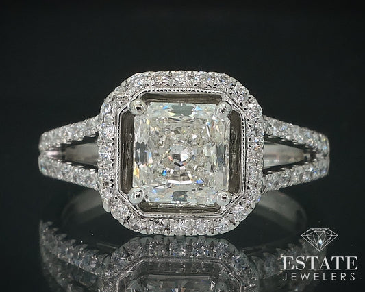18k White Gold Princess Natural 1.50ctw Diamond Halo Engagement Ring 4.8g i17632