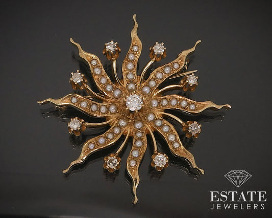 Antique 14k Yellow Gold Diamond Seed Pearl Starburst Pin Pendant 11.2g i17625