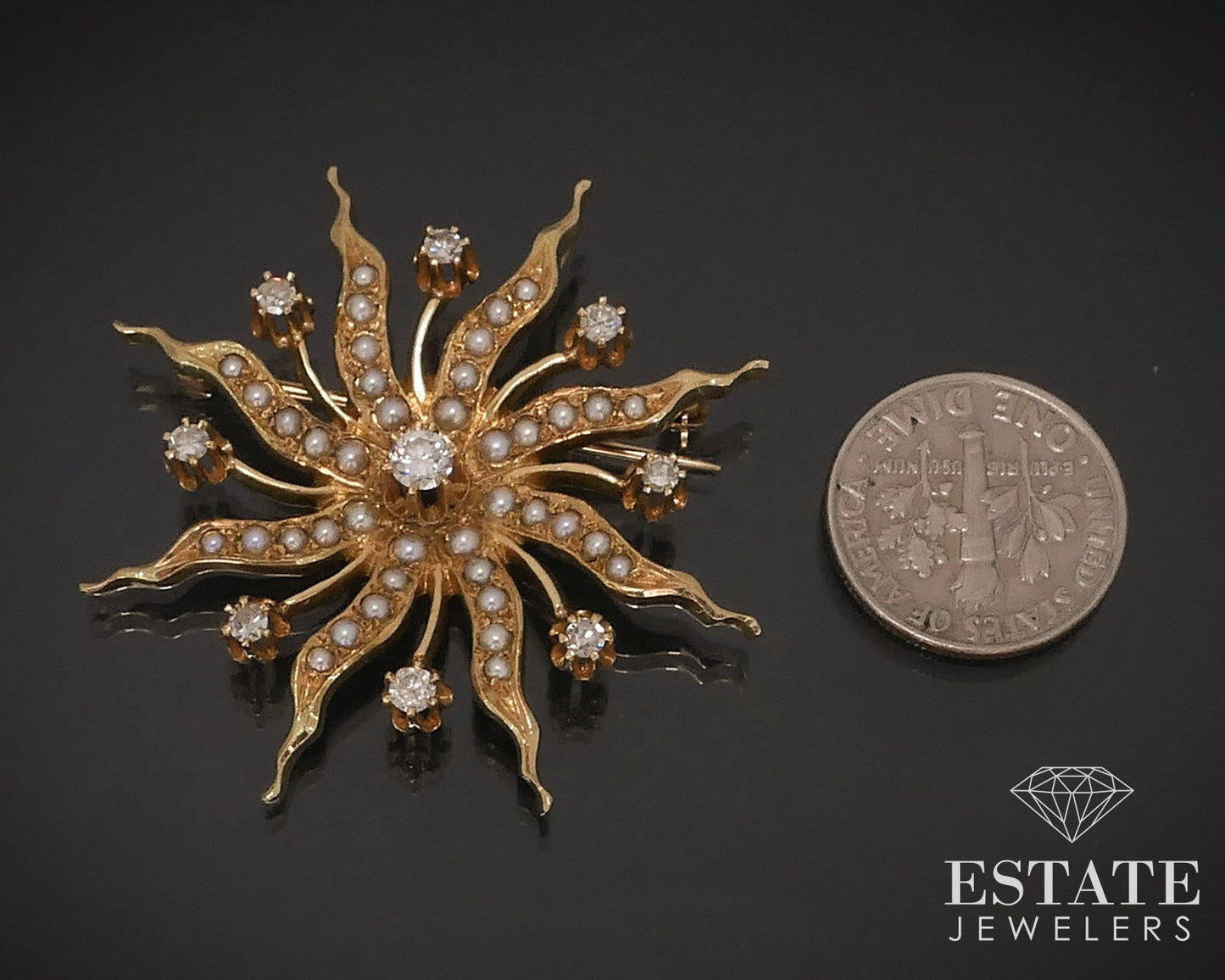 Antique 14k Yellow Gold Diamond Seed Pearl Starburst Pin Pendant 11.2g i17625